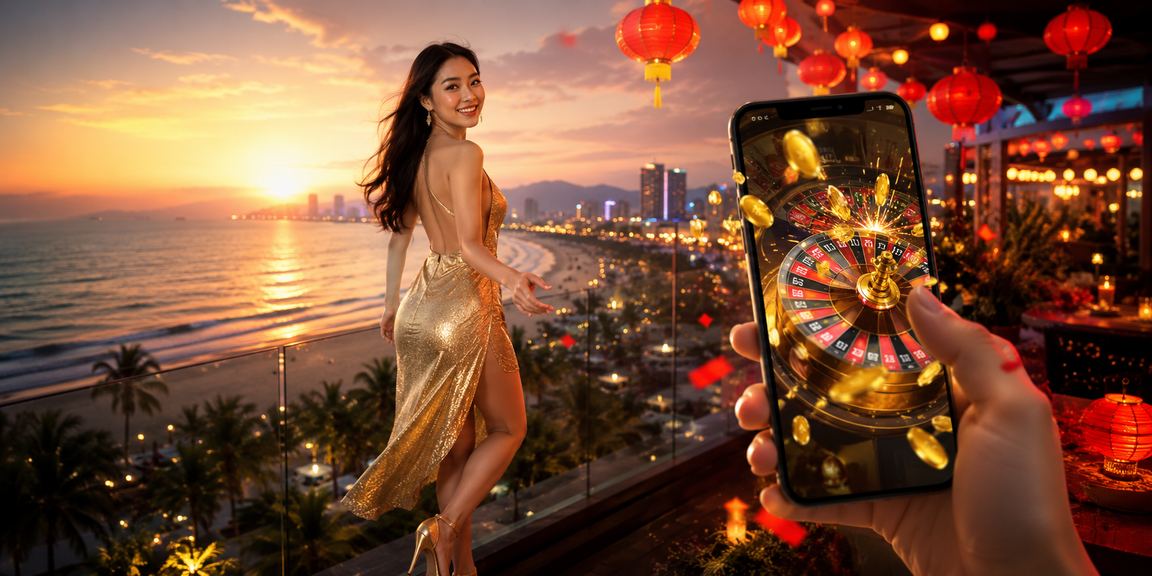 Người chơi casino trực tuyến trên điện thoại tại bãi biển Đà Nẵng buổi chiều