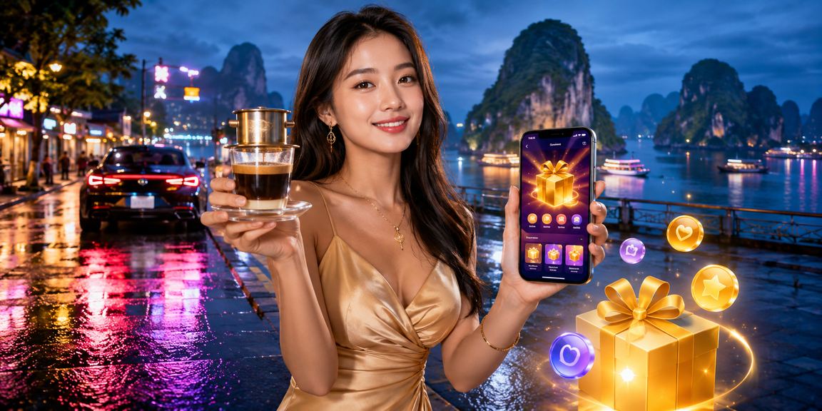 Người dùng thưởng thức cà phê và trải nghiệm casino di động với tầm nhìn vịnh Hạ Long